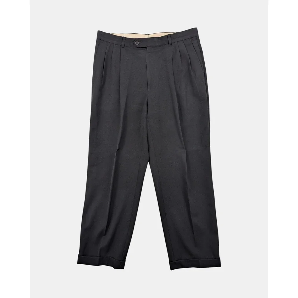 Paul Dione Mens 34 Black Pleated Worsted Wool Trousers Wide Leg Cuffed 29.5